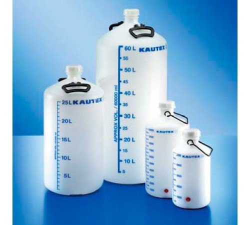 Бутыль Kautex толстостенная 25 л, HDPE, круглая, с синей градуировкой, Ø 50 мм, естественный цвет, с ручками и крышкой, без резьбового соединения Бутыль Kautex толстостенная 25 л, HDPE, круглая, с синей градуировкой, Ø 50 мм, естественный цвет, с ручками и крышкой, без резьбового соединения
